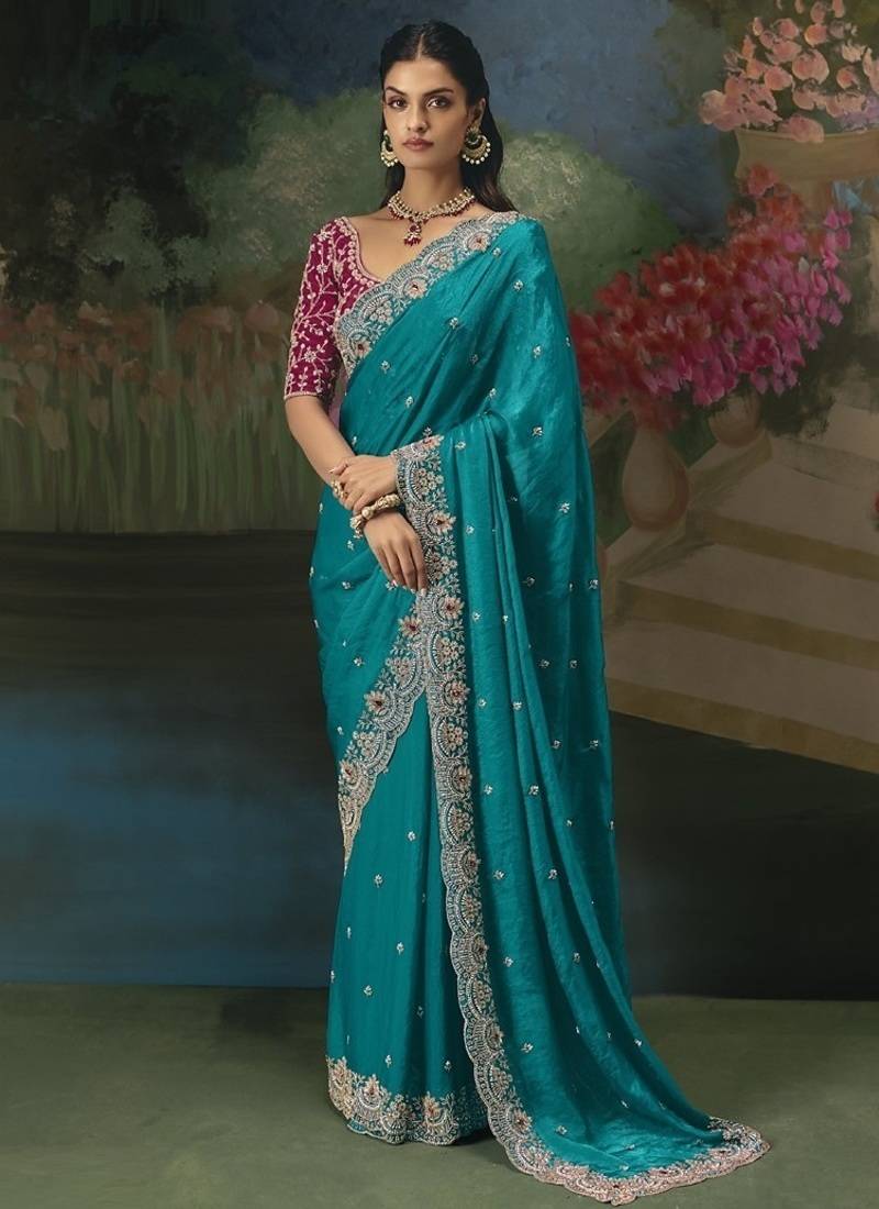 Sky blue premium fancy heavy beads work saree