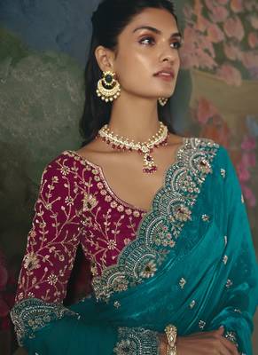 Sky blue premium fancy heavy beads work saree 3