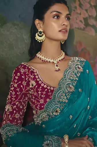 Sky blue premium fancy heavy beads work saree