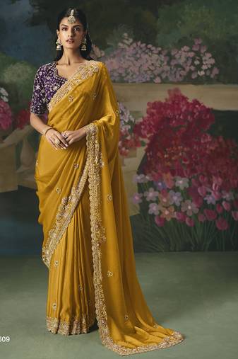 Mustard premium fancy heavy beads work saree
