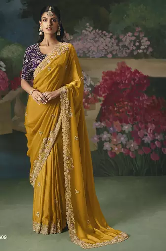 Mustard premium fancy heavy beads work saree