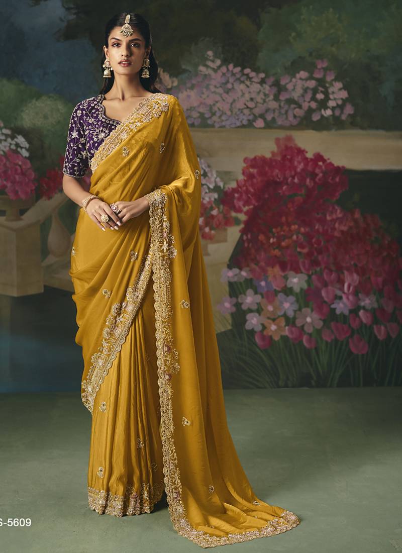 Mustard premium fancy heavy beads work saree