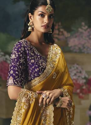 Mustard premium fancy heavy beads work saree 3