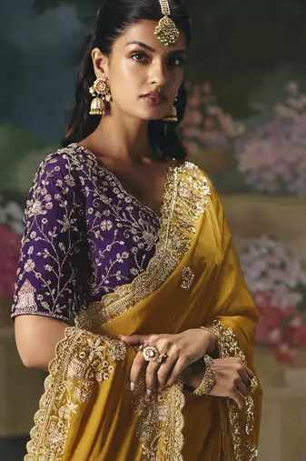 Mustard premium fancy heavy beads work saree