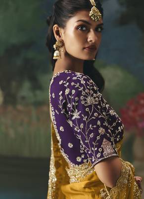 Mustard premium fancy heavy beads work saree 4