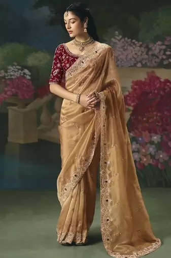 Beige premium fancy heavy beads work saree