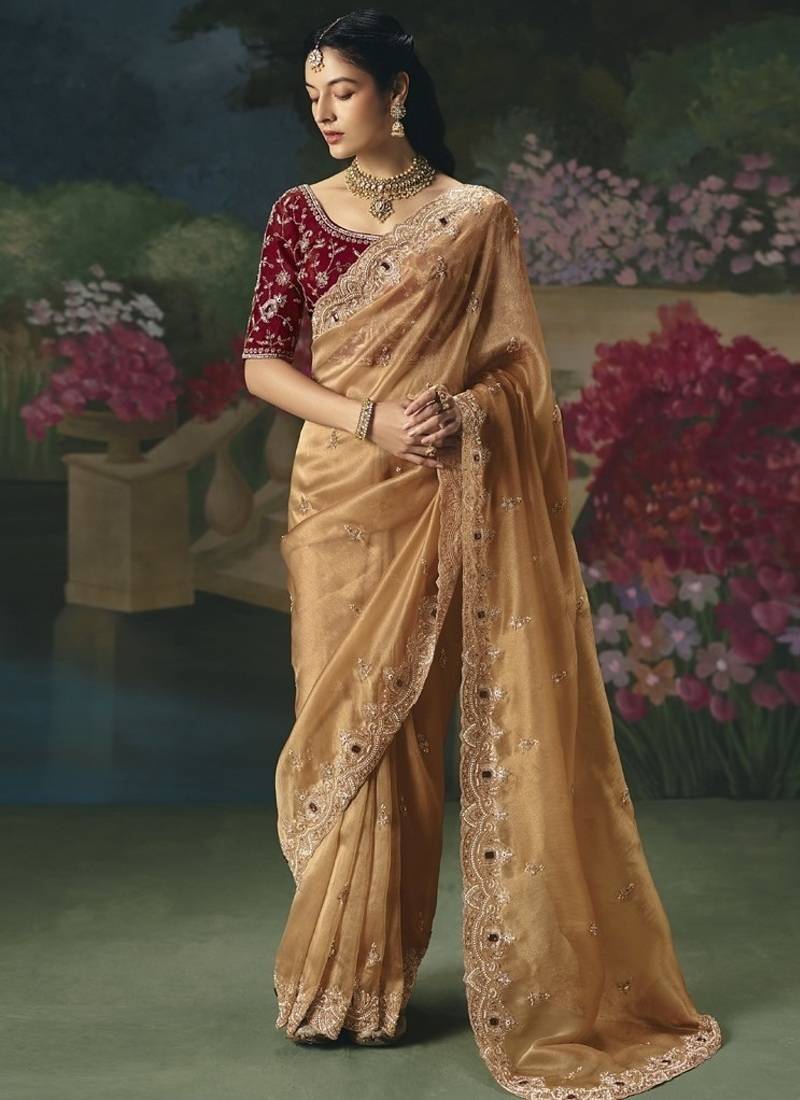 Beige premium fancy heavy beads work saree