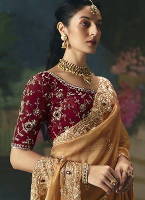 Beige premium fancy heavy beads work saree 3
