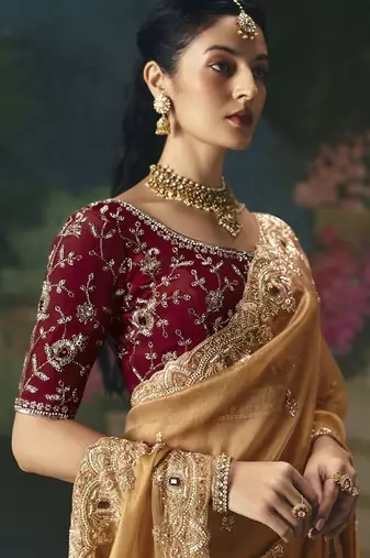 Beige premium fancy heavy beads work saree