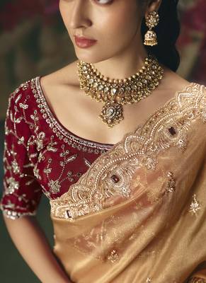 Beige premium fancy heavy beads work saree 4