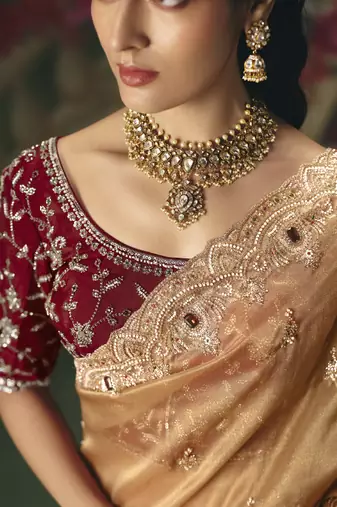 Beige premium fancy heavy beads work saree