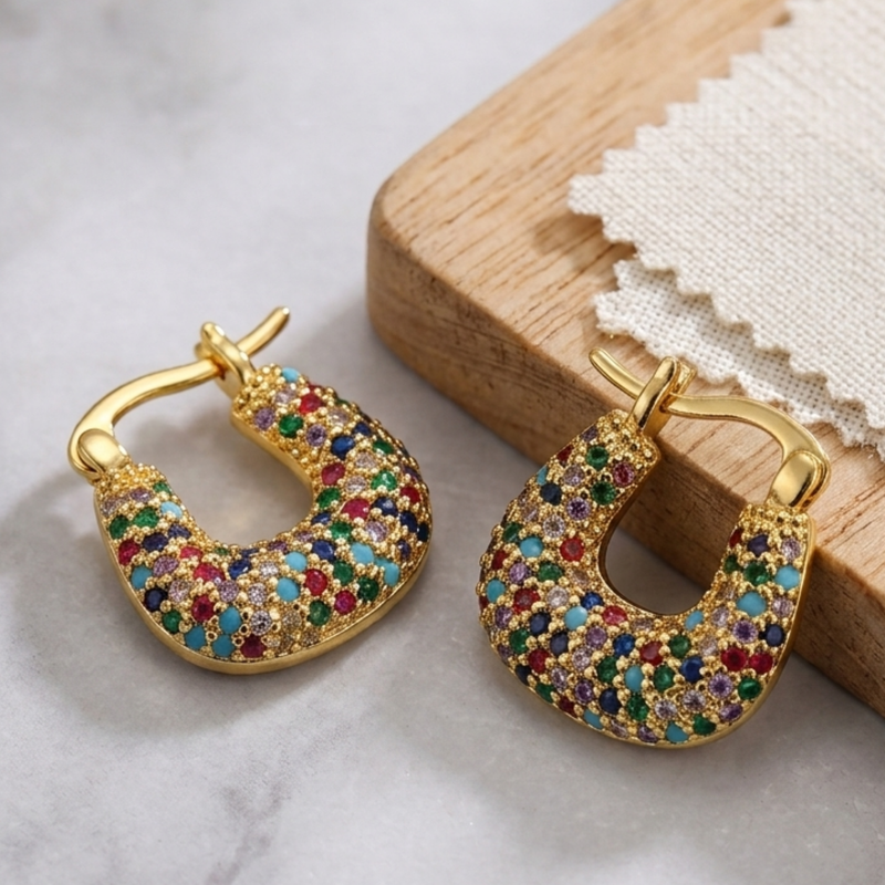 rebellious geometric colorful gold plated hoop earring