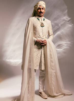 Ivory embroidered raw silk sherwani set with stole 1