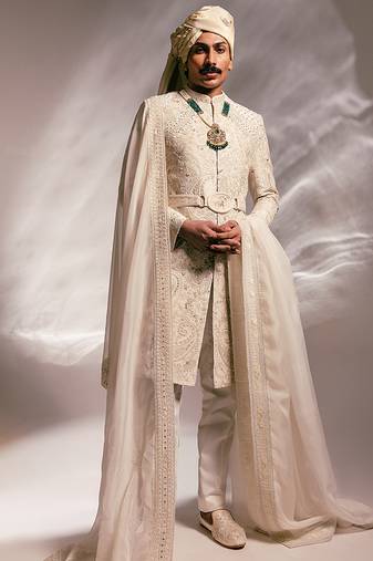 Ivory embroidered raw silk sherwani set with stole