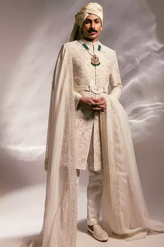 Ivory embroidered raw silk sherwani set with stole