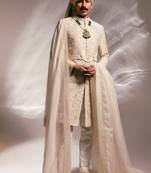 Ivory embroidered raw silk sherwani set with stole