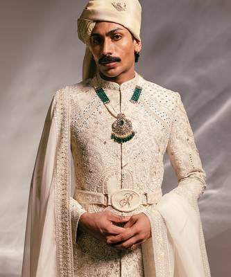 Ivory embroidered raw silk sherwani set with stole 2