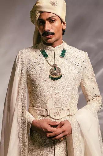 Ivory embroidered raw silk sherwani set with stole