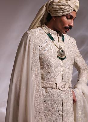 Ivory embroidered raw silk sherwani set with stole 3