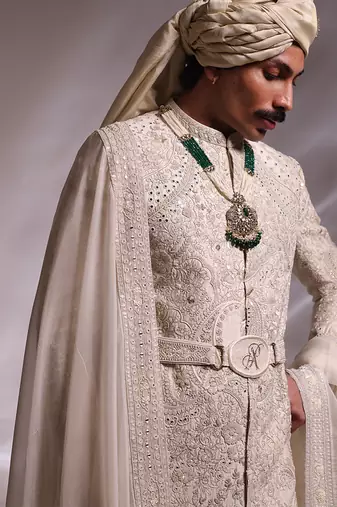 Ivory embroidered raw silk sherwani set with stole