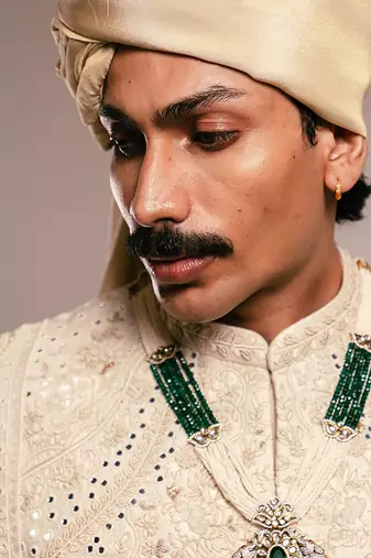 Ivory embroidered raw silk sherwani set with stole
