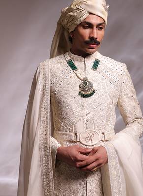 Ivory embroidered raw silk sherwani set with stole 5