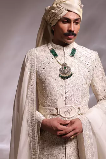 Ivory embroidered raw silk sherwani set with stole