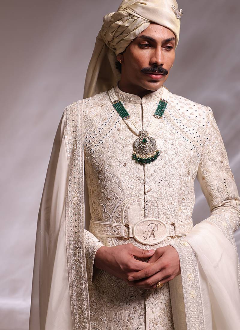 Ivory embroidered raw silk sherwani set with stole