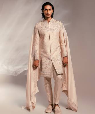 Light pink embroidered raw silk sherwani set with stole 1
