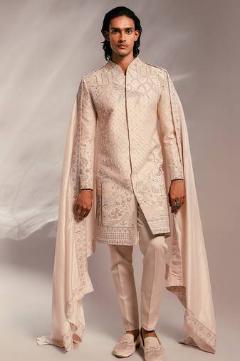 Light pink embroidered raw silk sherwani set with stole