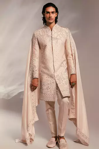 Light pink embroidered raw silk sherwani set with stole