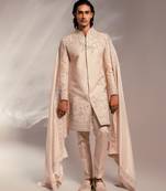 Light pink embroidered raw silk sherwani set with stole