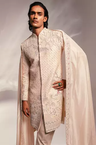 Light pink embroidered raw silk sherwani set with stole