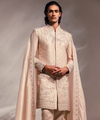 Light pink embroidered raw silk sherwani set with stole 3