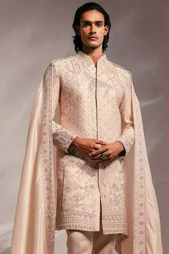 Light pink embroidered raw silk sherwani set with stole