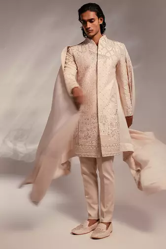 Light pink embroidered raw silk sherwani set with stole