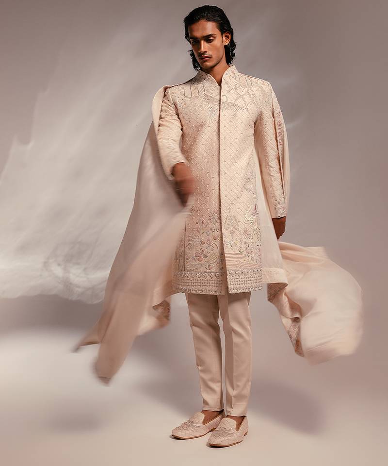 Light pink embroidered raw silk sherwani set with stole