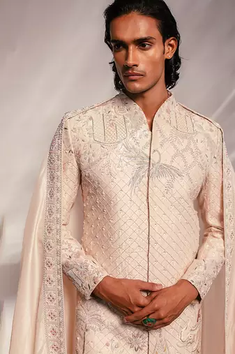 Light pink embroidered raw silk sherwani set with stole