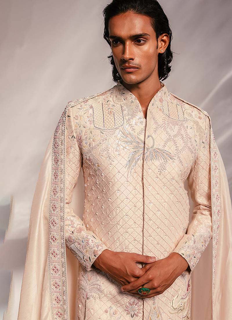 Light pink embroidered raw silk sherwani set with stole