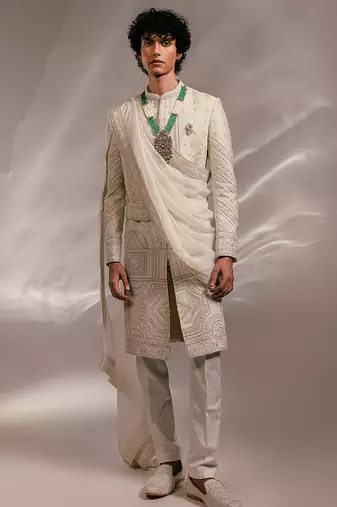 Ivory embroidered silk sherwani set with stole