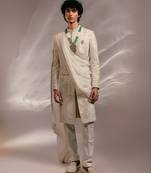 Ivory embroidered silk sherwani set with stole