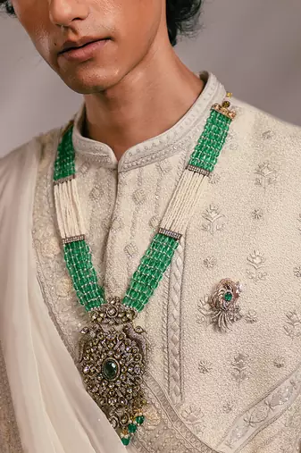 Ivory embroidered silk sherwani set with stole