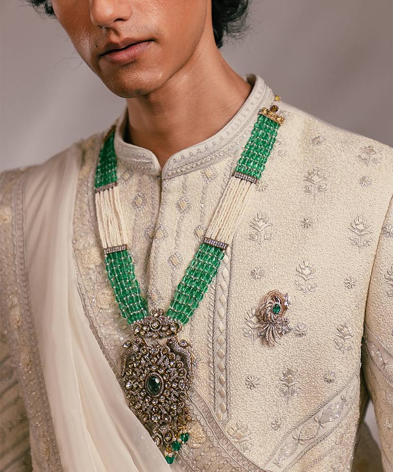 Ivory embroidered silk sherwani set with stole