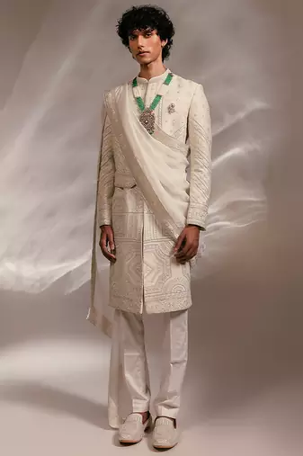 Ivory embroidered silk sherwani set with stole