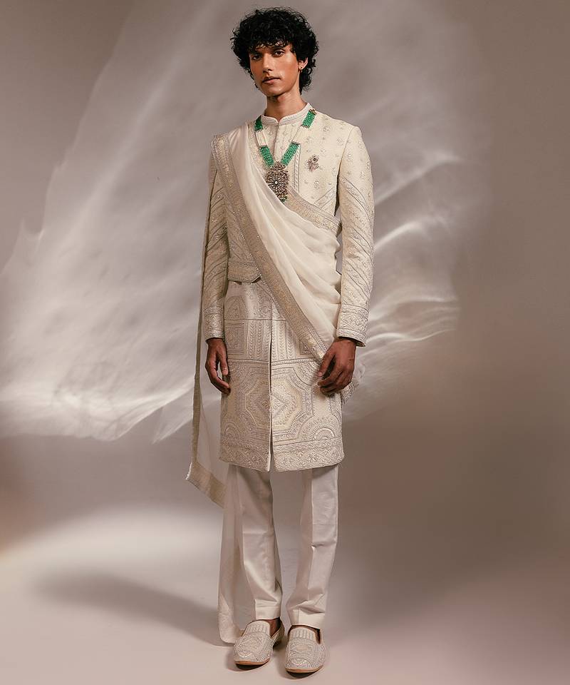 Ivory embroidered silk sherwani set with stole