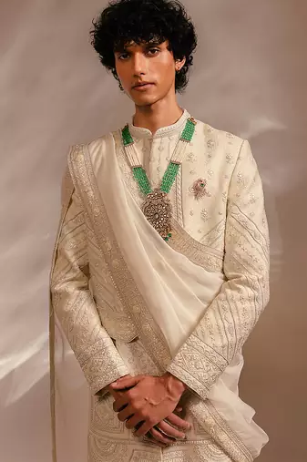 Ivory embroidered silk sherwani set with stole