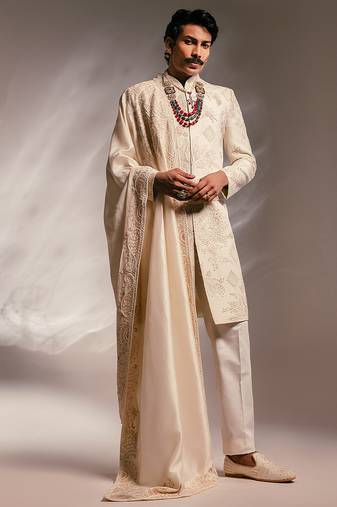Ivory embroidered silk sherwani set with stole