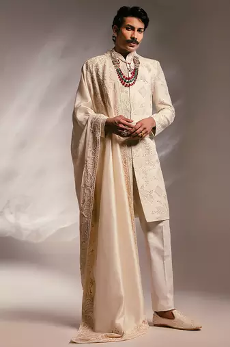 Ivory embroidered silk sherwani set with stole