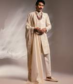 Ivory embroidered silk sherwani set with stole
