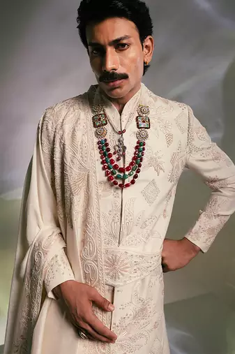 Ivory embroidered silk sherwani set with stole
